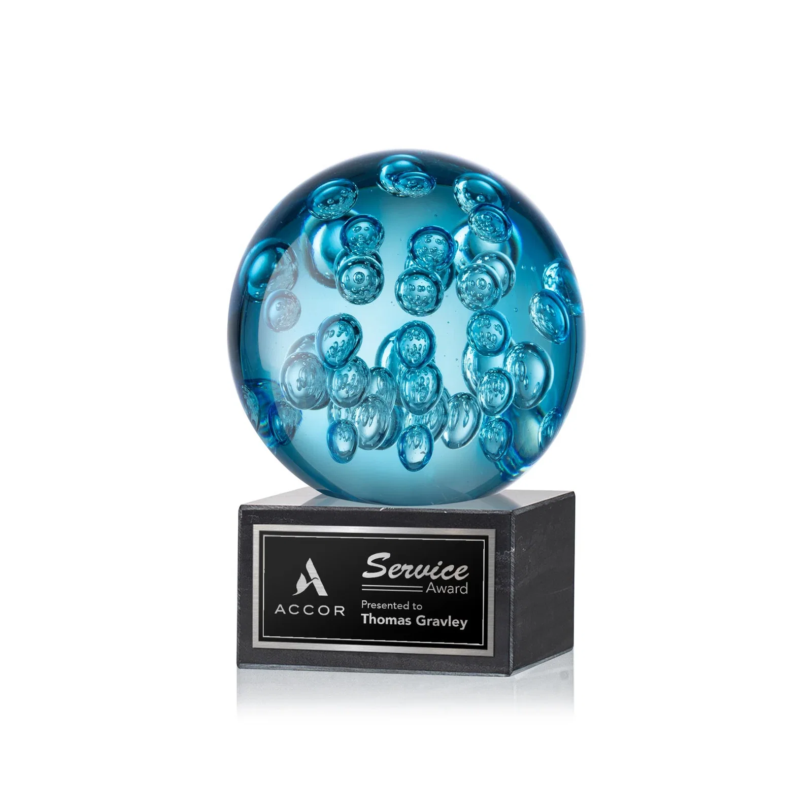 Custom Blue Glass Sphere Award With Suspended Bubbles on a Column for corporate award ceremonies