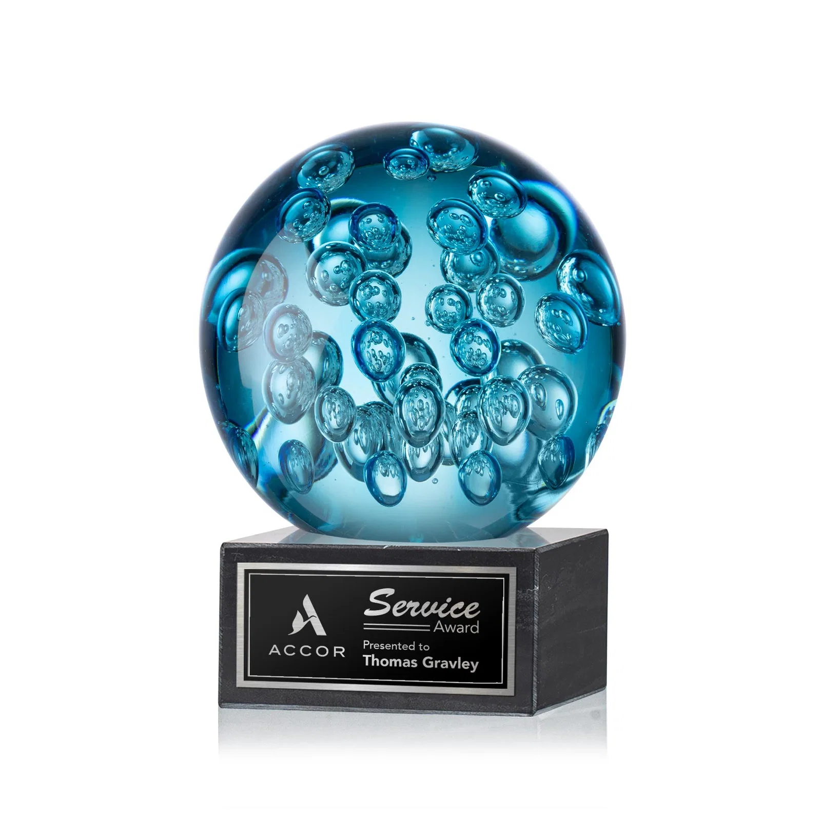Custom Blue Glass Sphere Award With Suspended Bubbles on a Column for service anniversary gifts