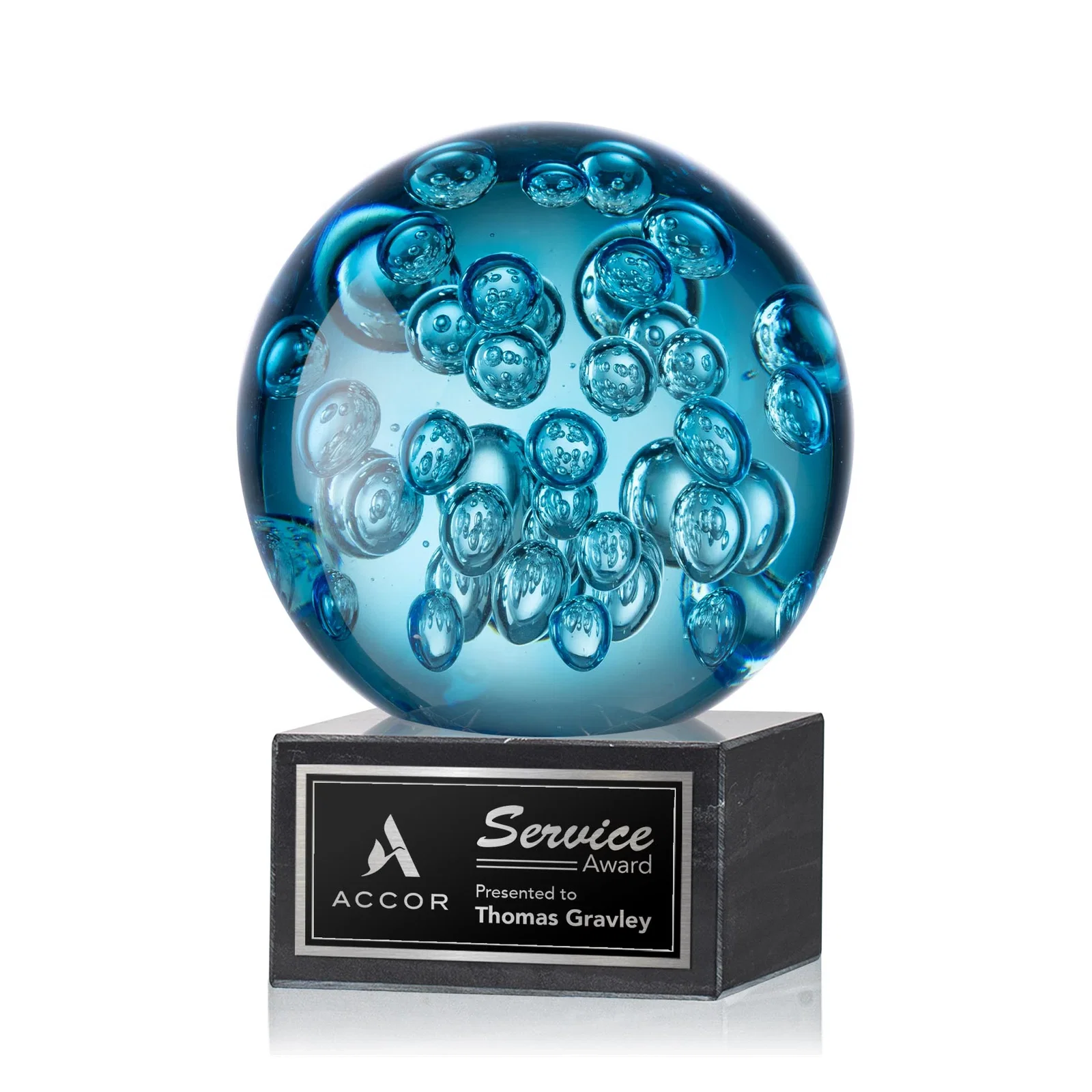 Custom Blue Glass Sphere Award With Suspended Bubbles on a Column for sales achievement awards