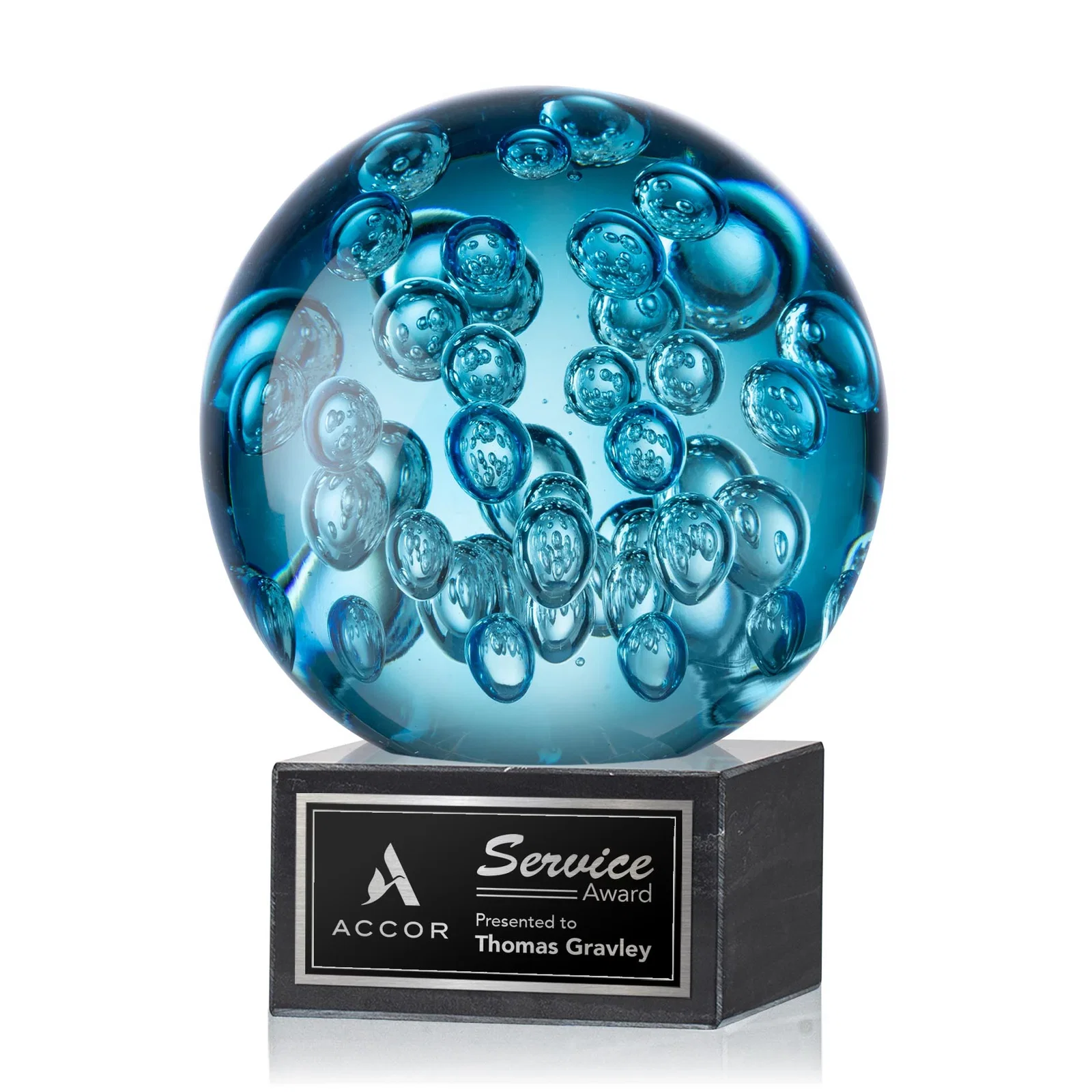 Custom Blue Glass Sphere Award With Suspended Bubbles on a Column for retirement presentations