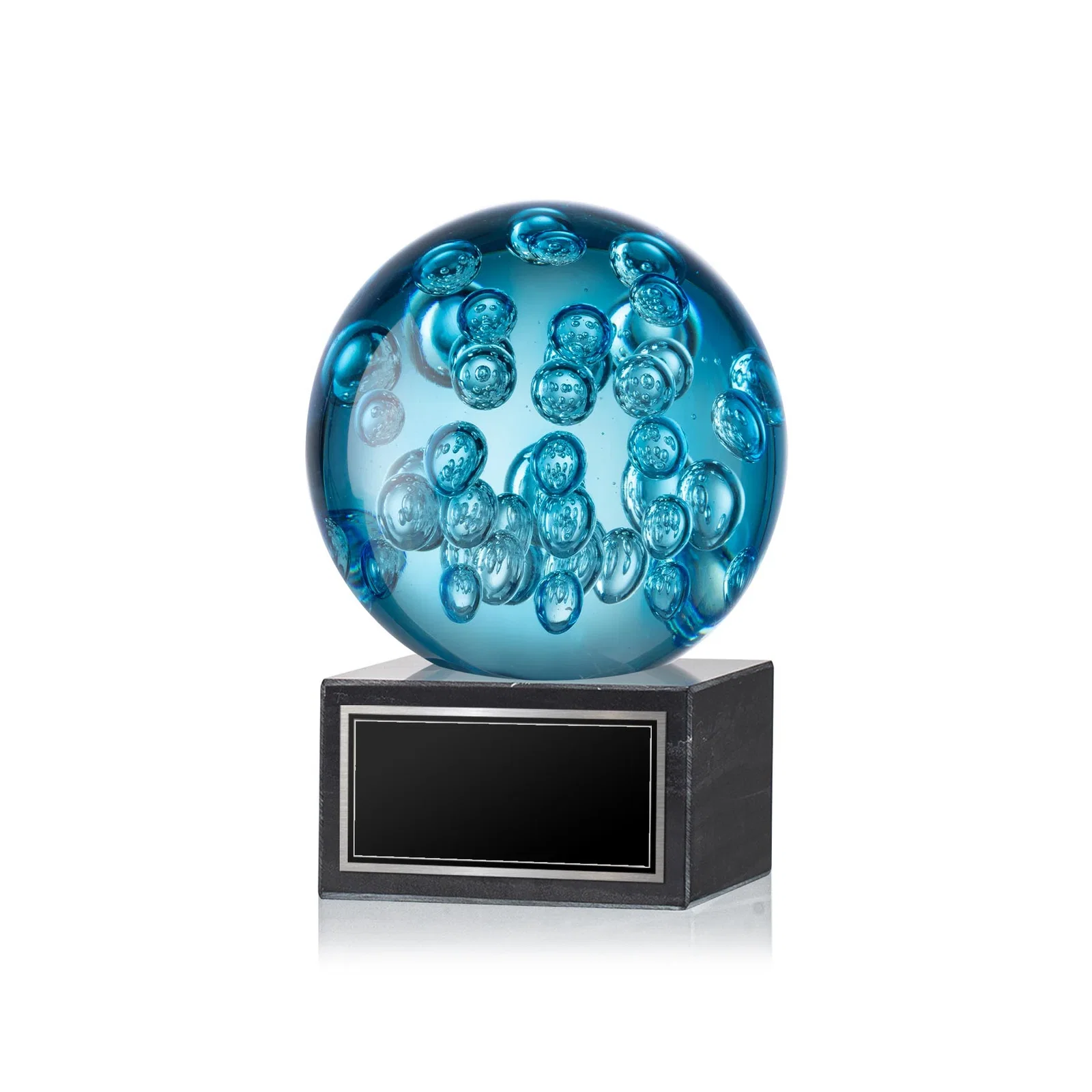 Custom Blue Glass Sphere Award With Suspended Bubbles on a Column for graduation ceremonies