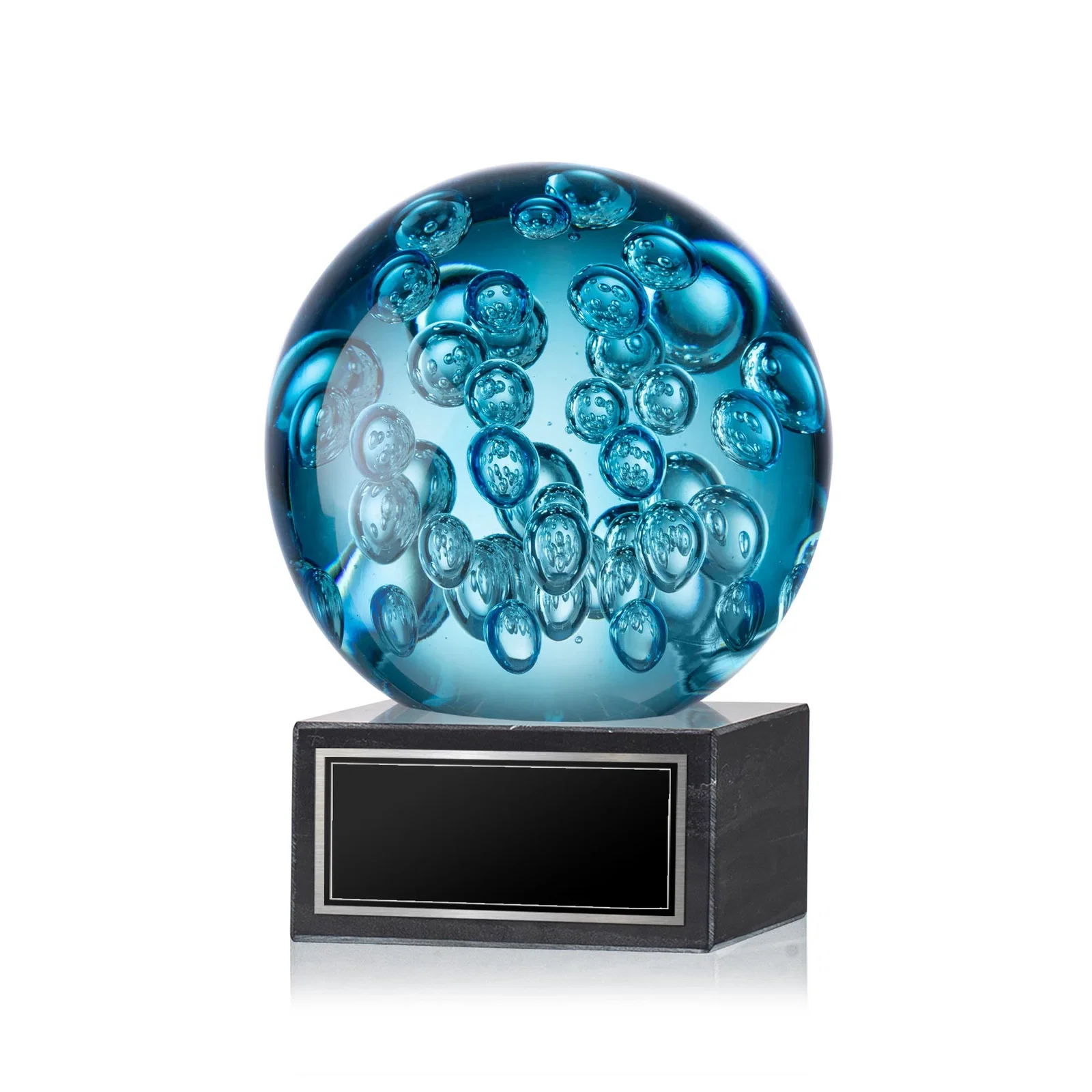 Custom Blue Glass Sphere Award With Suspended Bubbles on a Column for safety achievement programs