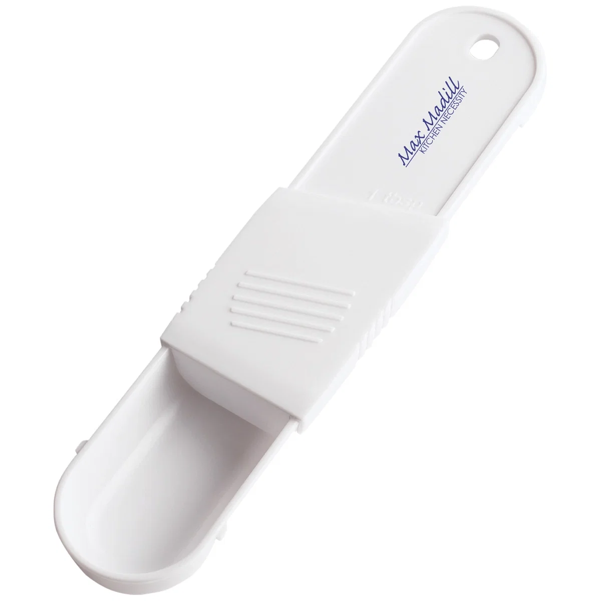 Adjustable measuring spoon with a sliding volume gauge