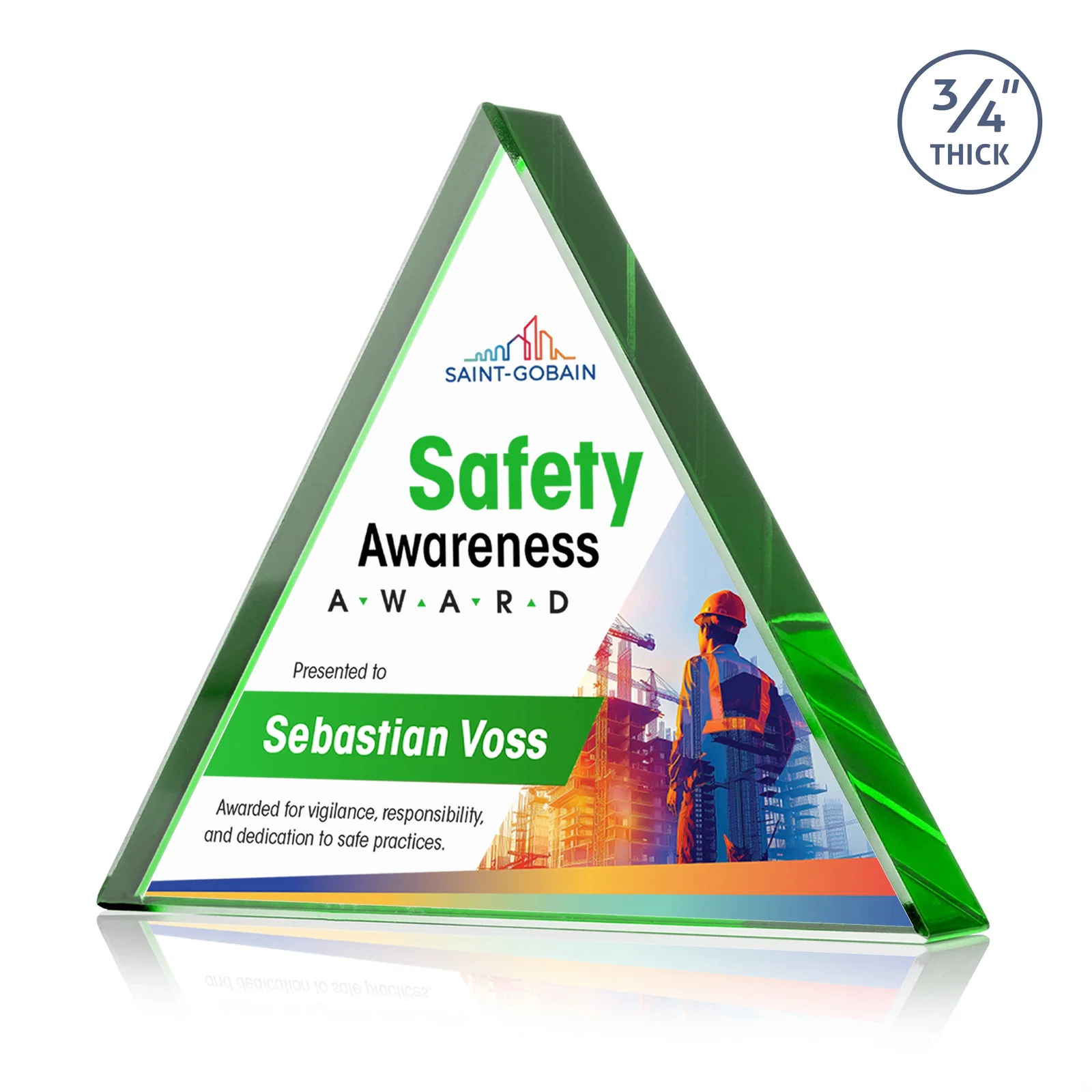 Branded Starfire Crystal Triangle Award With a Modern Silhouette for service anniversary gifts