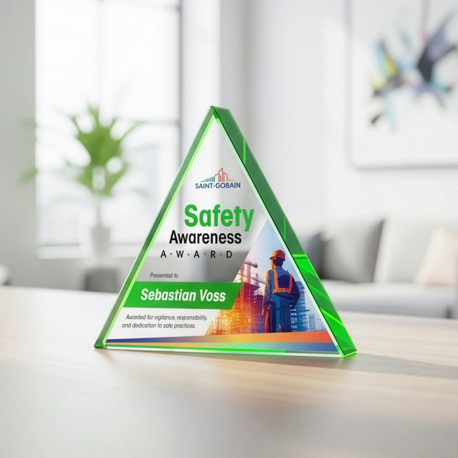 Branded Starfire Crystal Triangle Award With a Modern Silhouette for retirement presentations