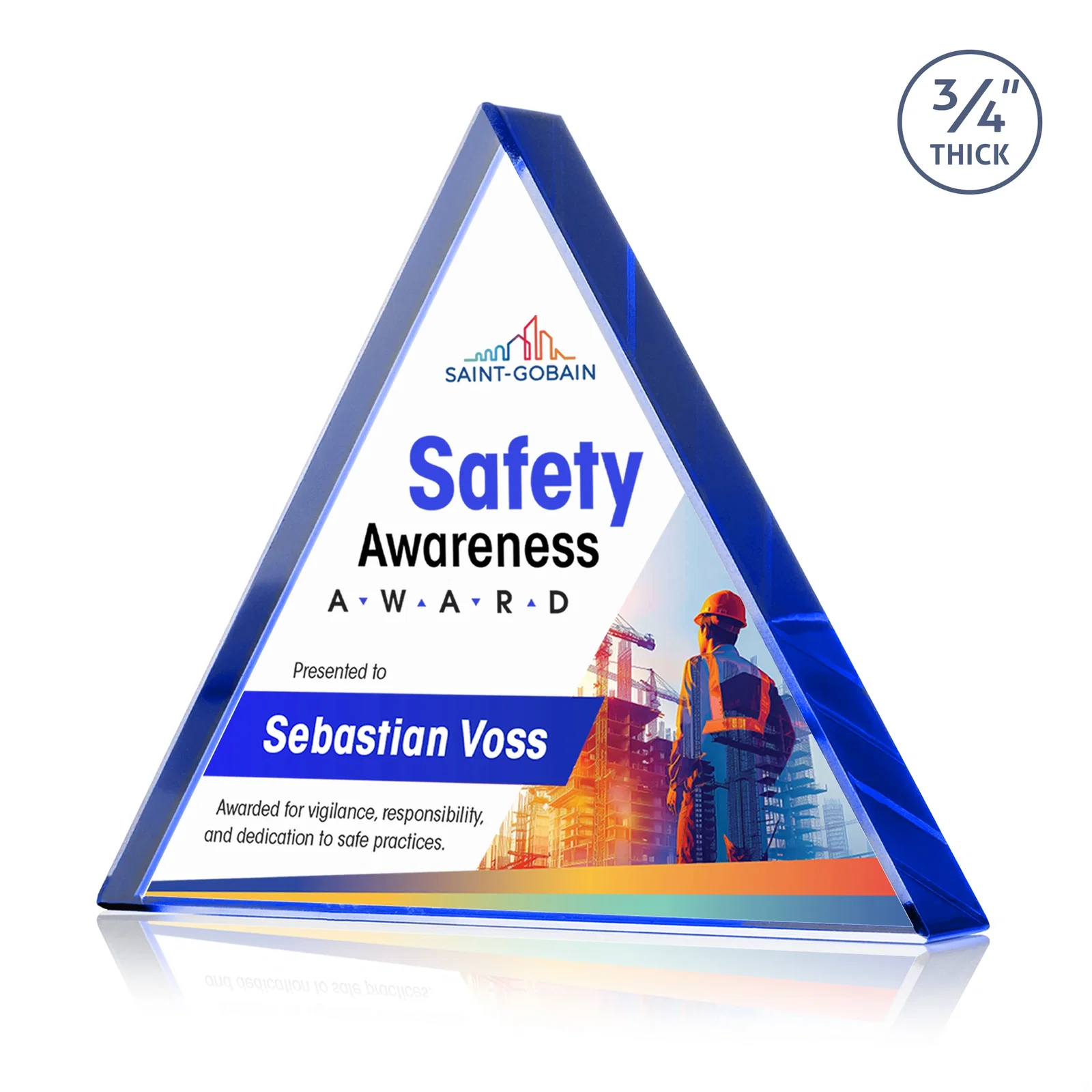 Branded Starfire Crystal Triangle Award With a Modern Silhouette for safety achievement programs