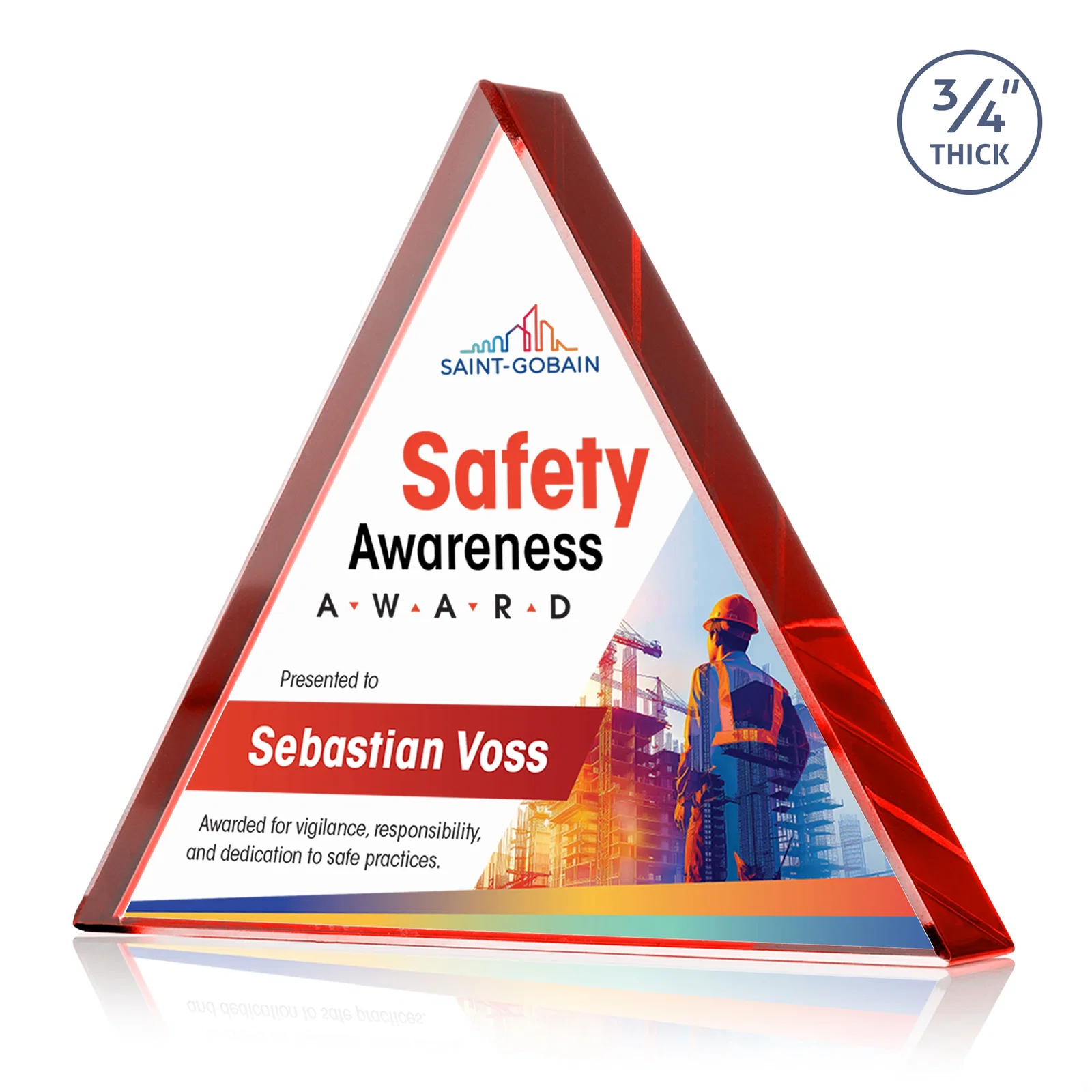 Custom printed Starfire Crystal Triangle Award With a Modern Silhouette for service anniversary gifts
