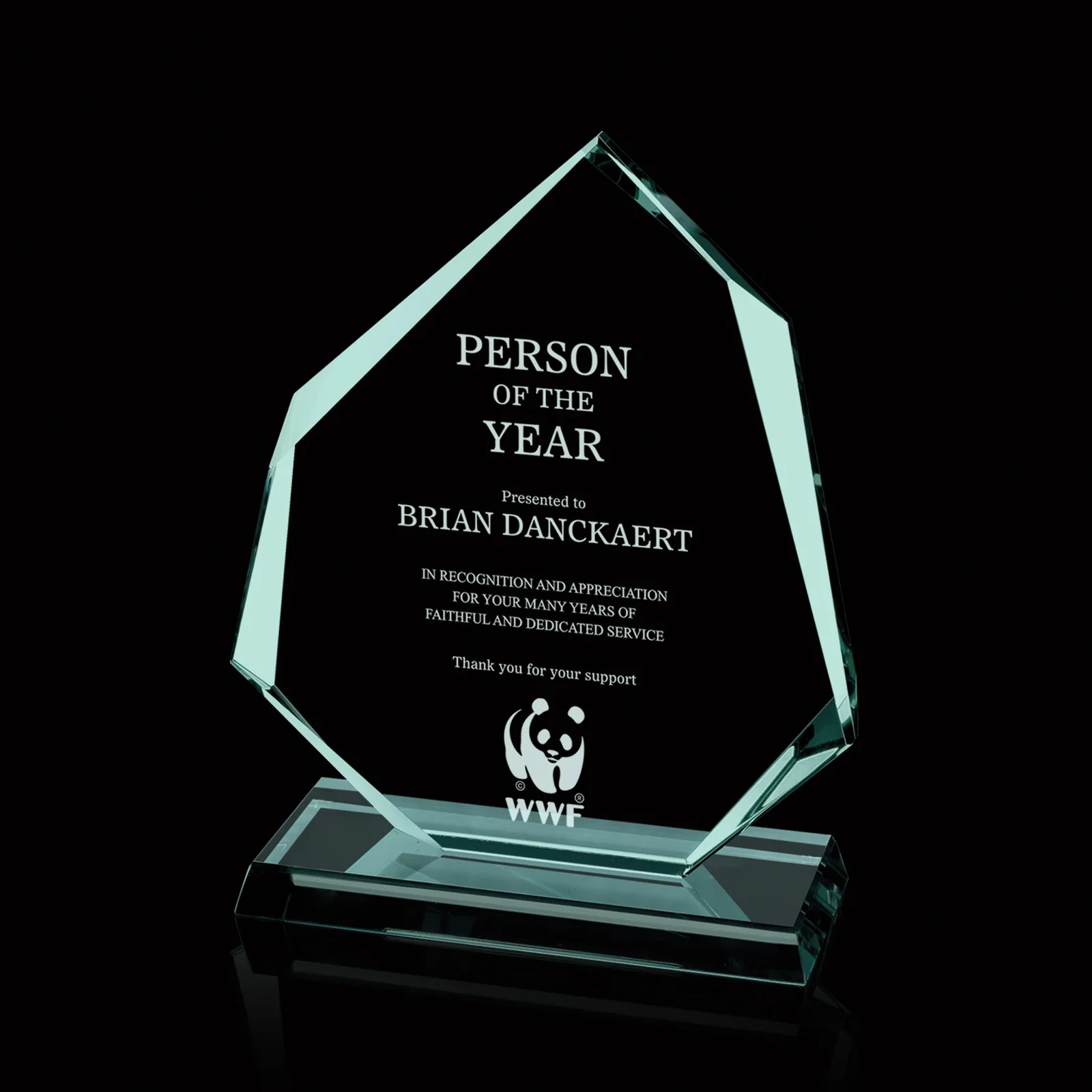 Custom Jade or Starfire Glass Award With Alternating Six-Sided Bevels for corporate award ceremonies
