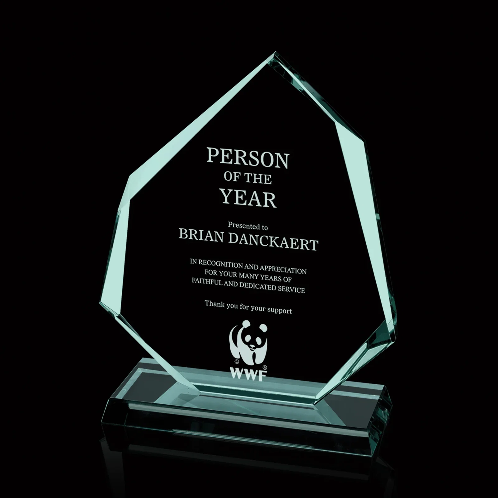 Custom Jade or Starfire Glass Award With Alternating Six-Sided Bevels for service anniversary gifts