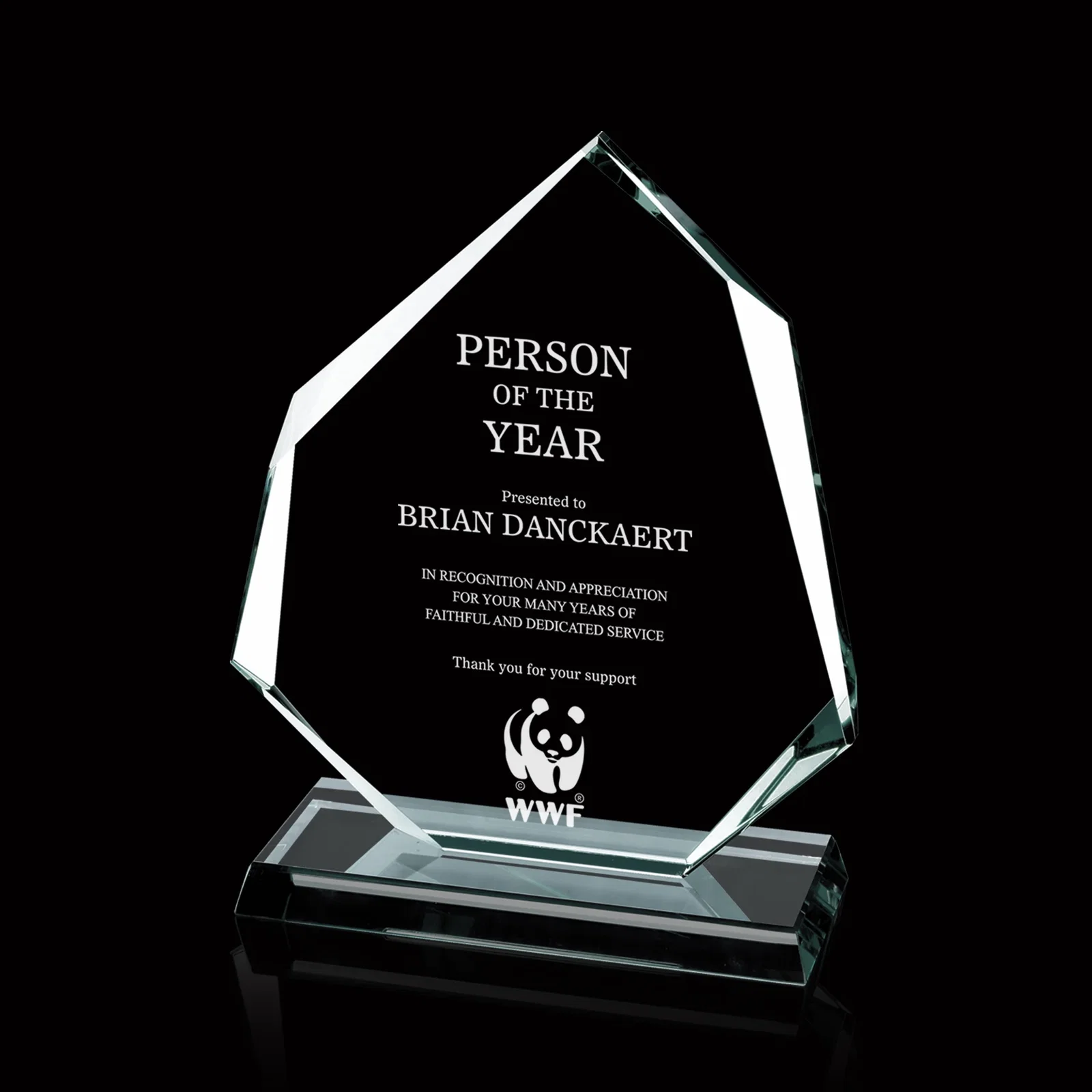 Custom Jade or Starfire Glass Award With Alternating Six-Sided Bevels for retirement presentations