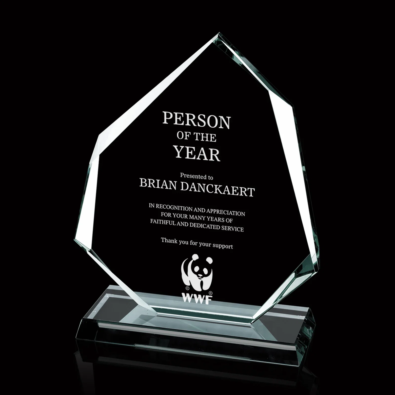 Custom Jade or Starfire Glass Award With Alternating Six-Sided Bevels for donor appreciation