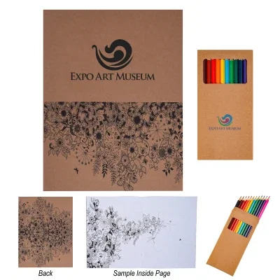 Adult coloring book shown with its accompanying pencil set