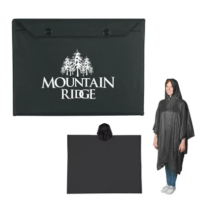 Adult rain poncho packed with its matching carry pouch