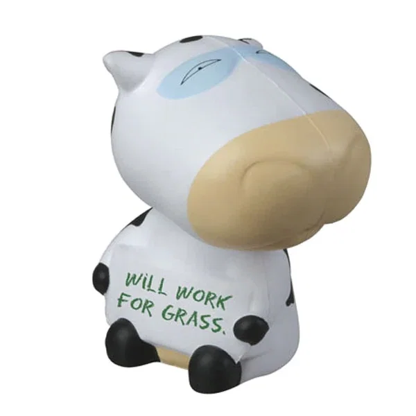 Cow shaped stress reliever with an attached sign board for a pad-printed imprint