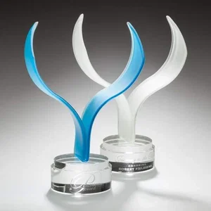 Fused Azure Art Glass Bird in Flight Award on Stepped Optical Base