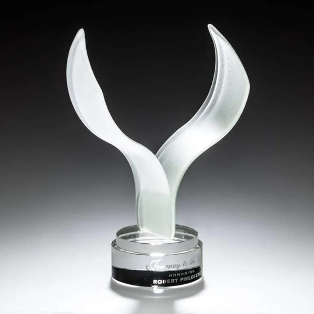 Custom Fused Azure Art Glass Bird in Flight Award on Stepped Optical Base for corporate award ceremonies