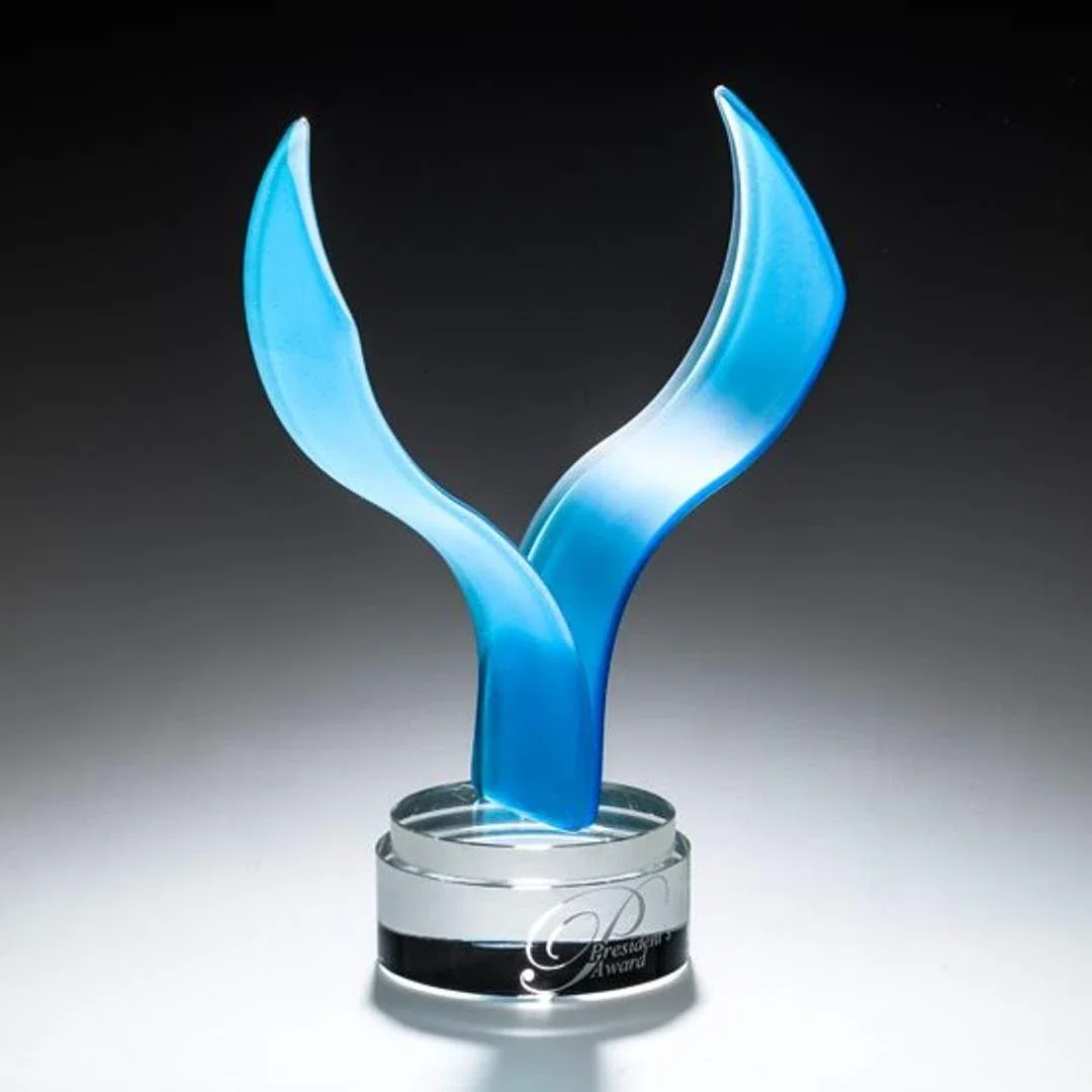Custom Fused Azure Art Glass Bird in Flight Award on Stepped Optical Base for service anniversary gifts