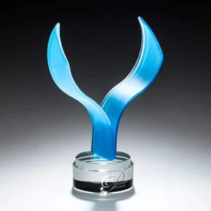 Fused Azure Art Glass Bird in Flight Award on Stepped Optical Base