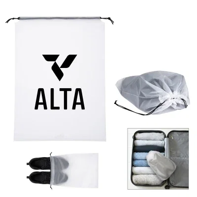 Frost-colored drawstring travel bag with cinch cords at the top