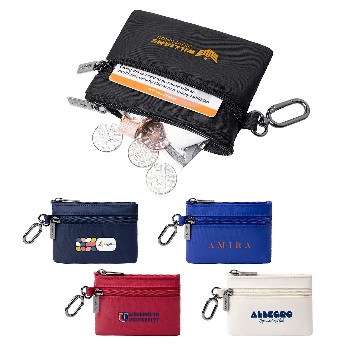Aero LOFT polyester carabiner zip wallet with a zippered main compartment and side stash pocket