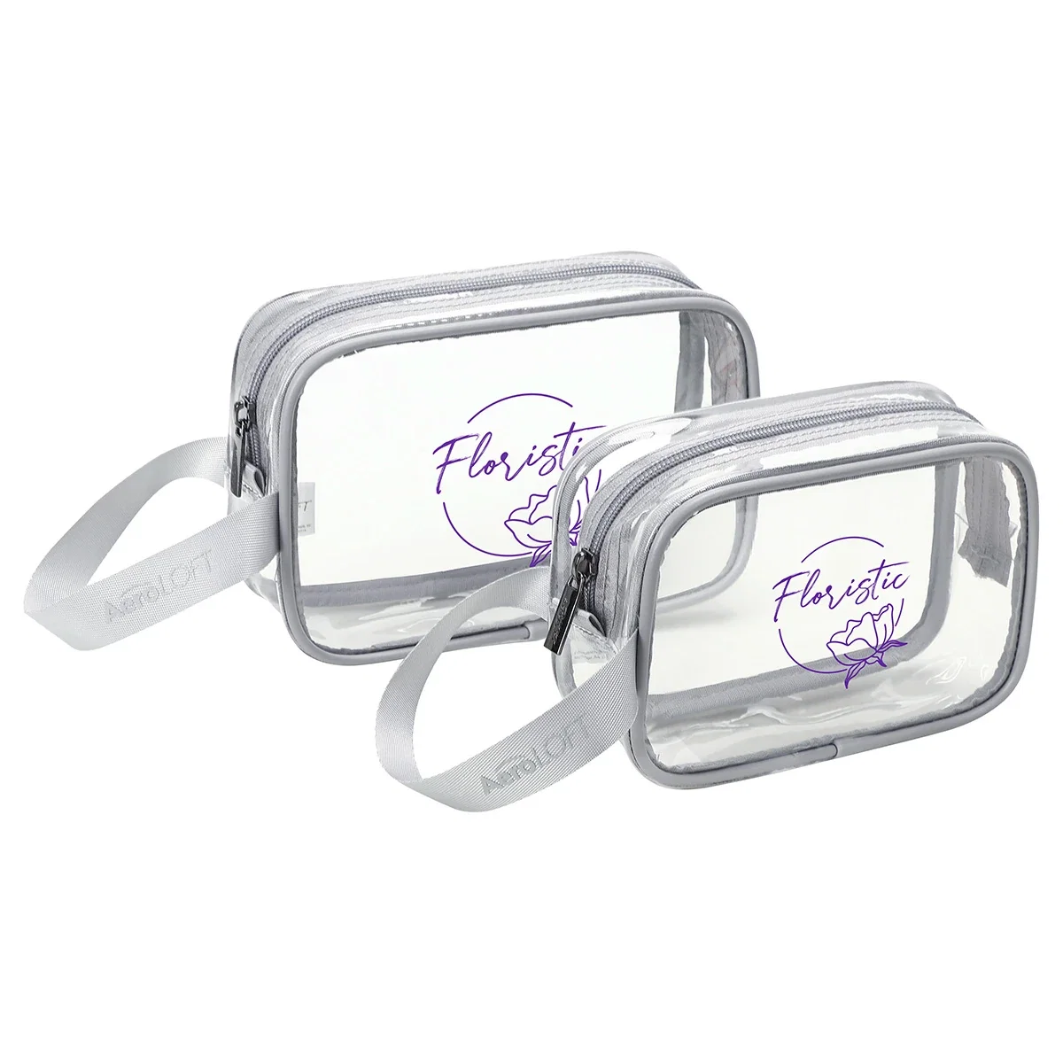 Custom Aero LOFT Clear View Travel Toiletry Bags, front view of the branded 2-piece set