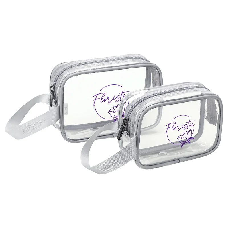 Custom Aero LOFT Clear View Travel Toiletry Bags, front view of the branded 2-piece set