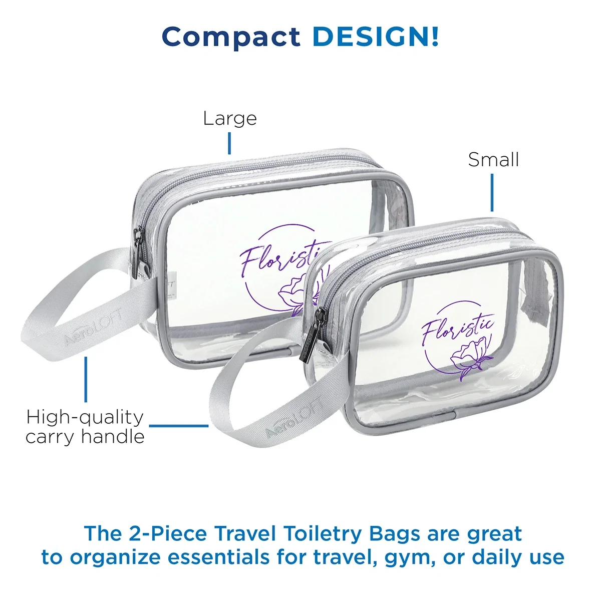 Close-up of the custom Aero LOFT Clear View Toiletry Bag's logo imprint area