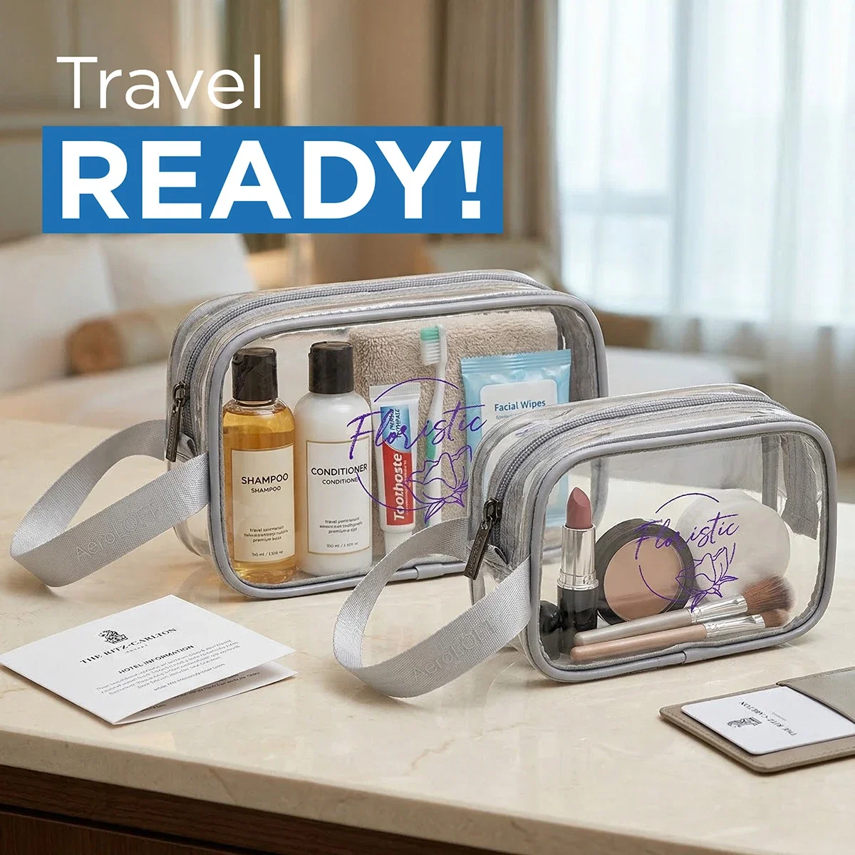 Side profile of the promotional Aero LOFT Clear View Travel Toiletry Bag