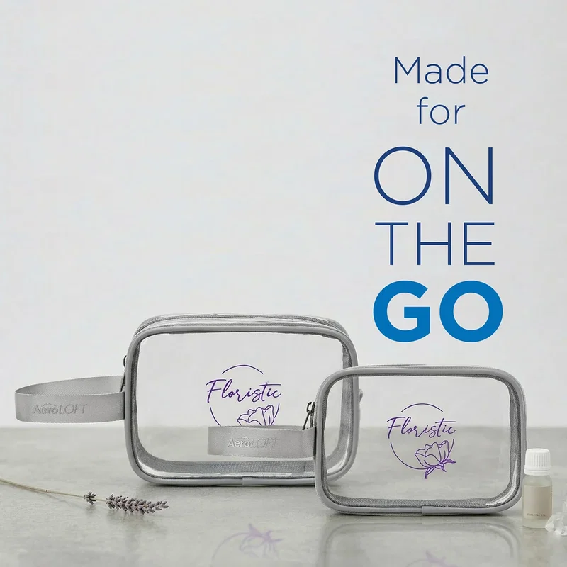 Aero LOFT Clear View Travel Toiletry Bags packed with toiletries, in-use lifestyle shot
