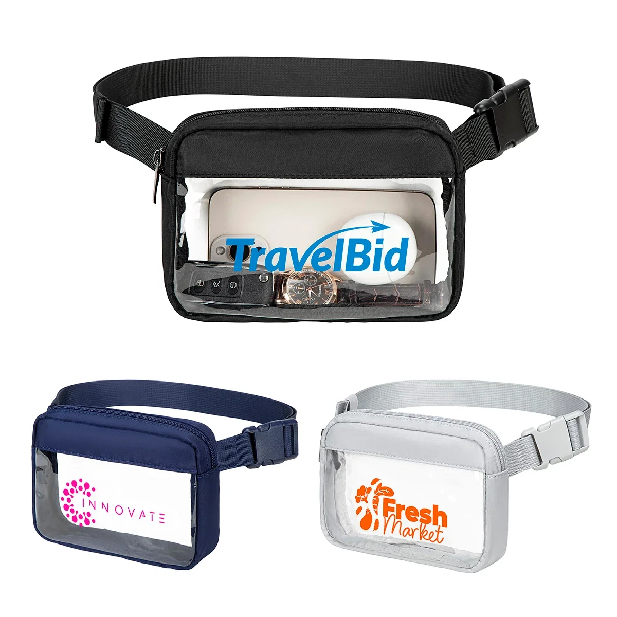 Custom Aero LOFT Clear View Crossbody Belt Bag, front view of the branded belt bag