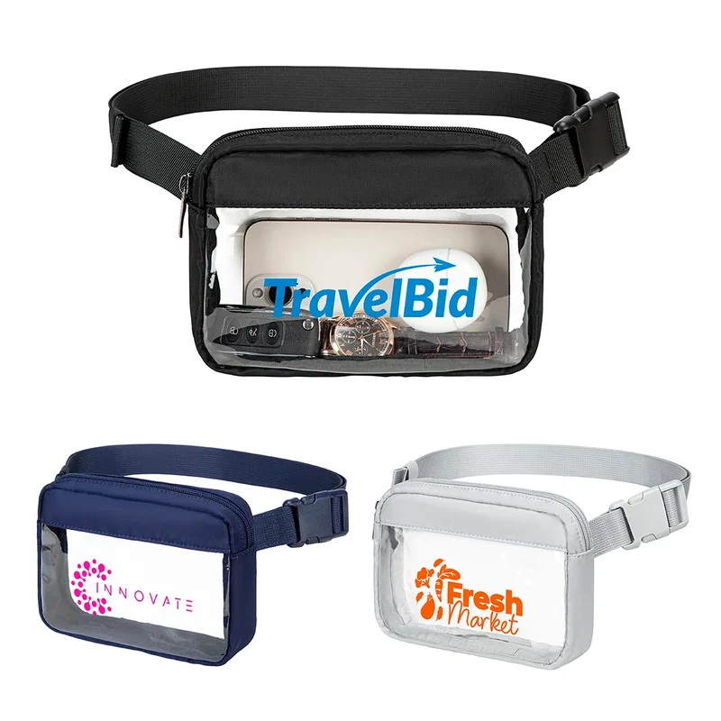 Custom Aero LOFT Clear View Crossbody Belt Bag, front view of the branded belt bag