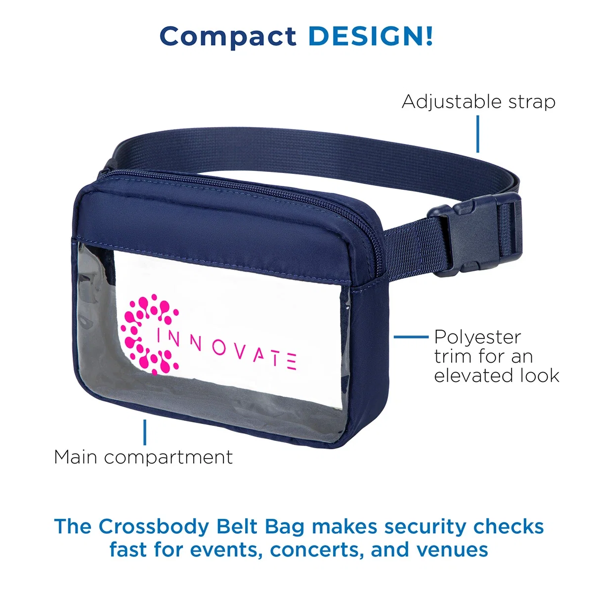 Close-up of the Aero LOFT Crossbody Belt Bag's clear view pocket and logo imprint area