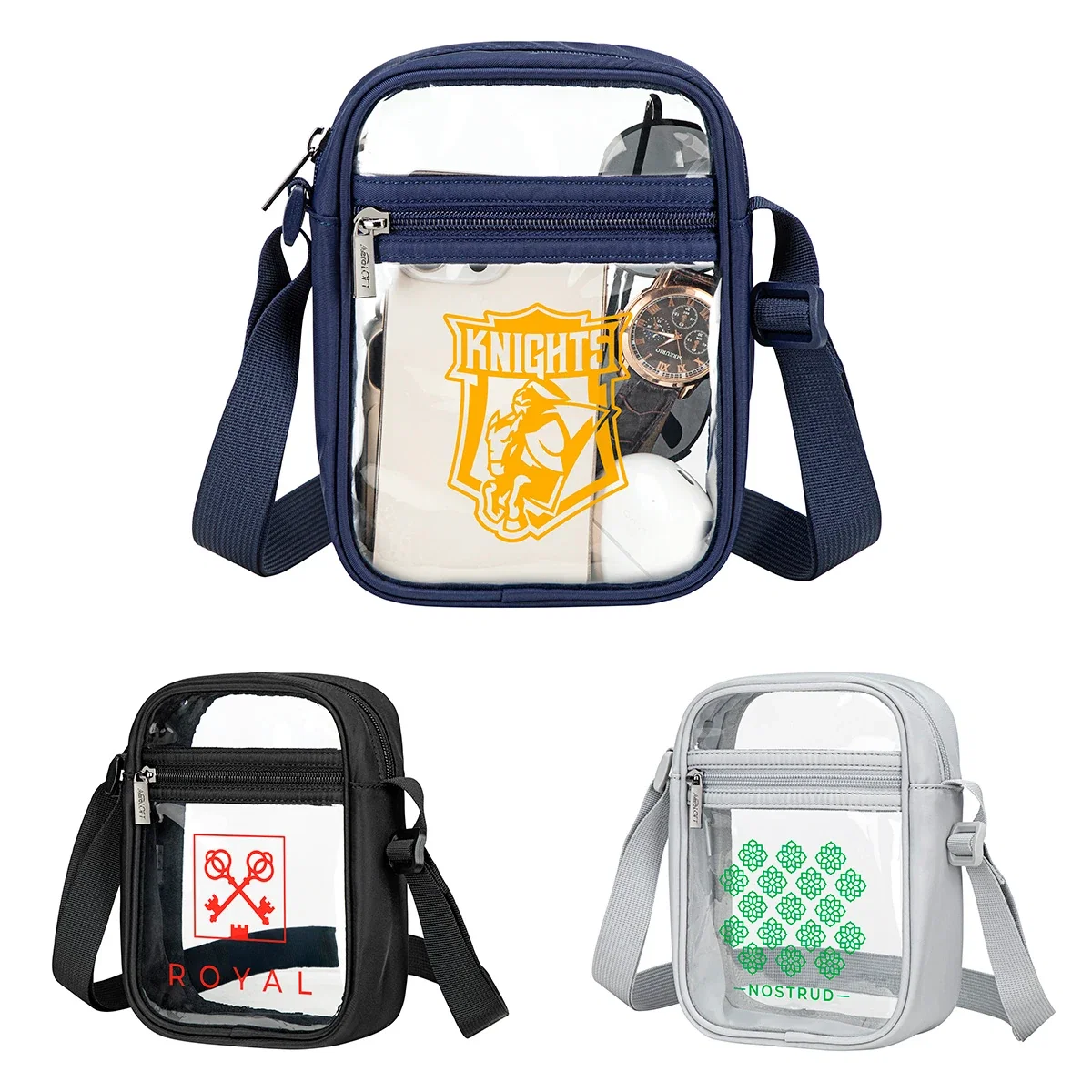 Custom Aero LOFT Clear View Crossbody Stadium Bag, front view of the branded clear stadium bag