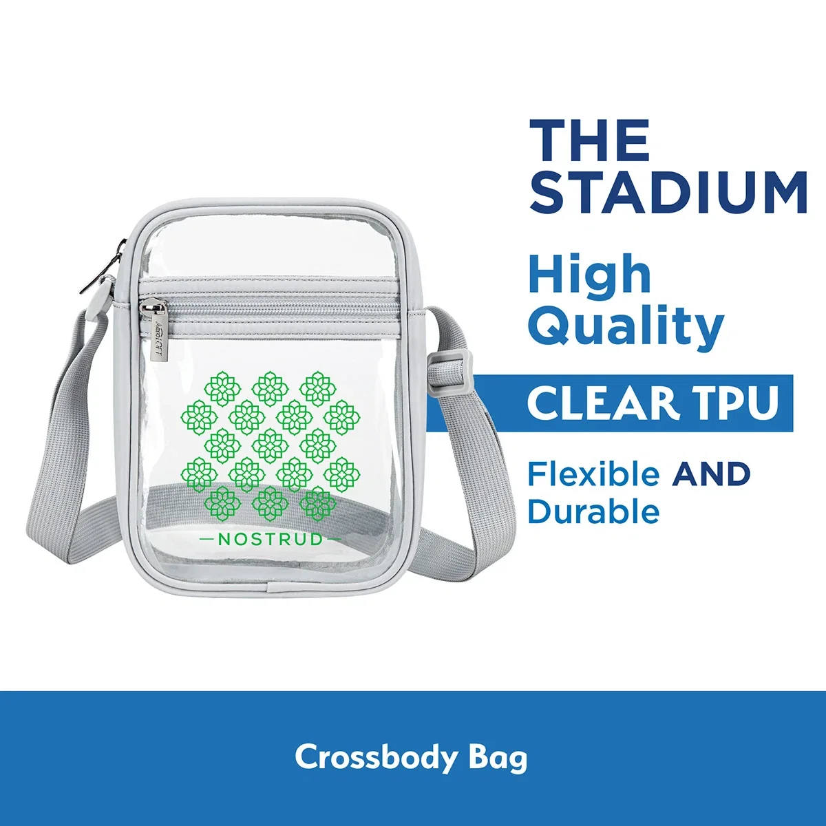 Side profile of the custom Aero LOFT Clear View Crossbody Stadium Bag showing the adjustable strap