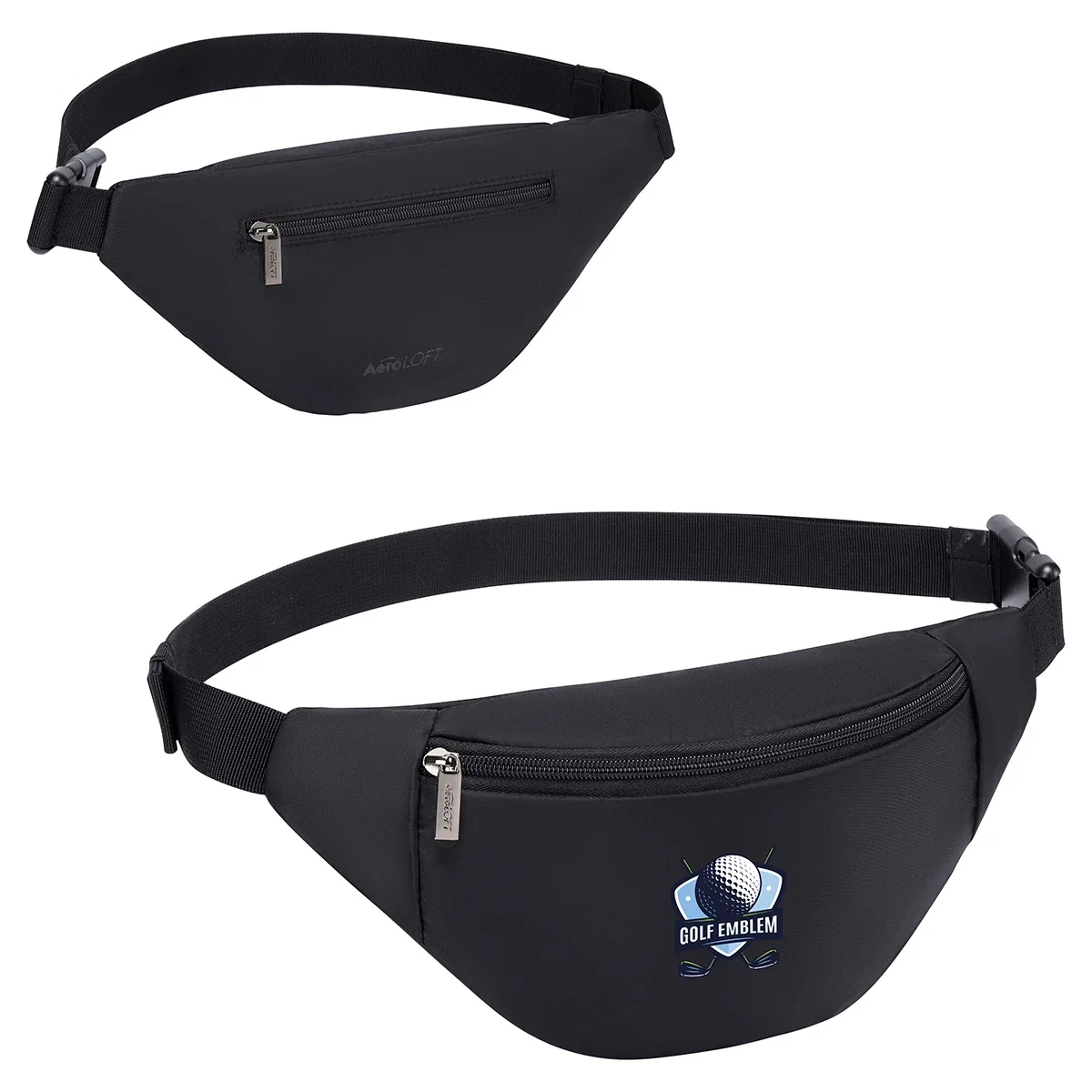 Custom Aero LOFT ECO Anywhere Belt Bag, front view of the branded eco-friendly belt bag