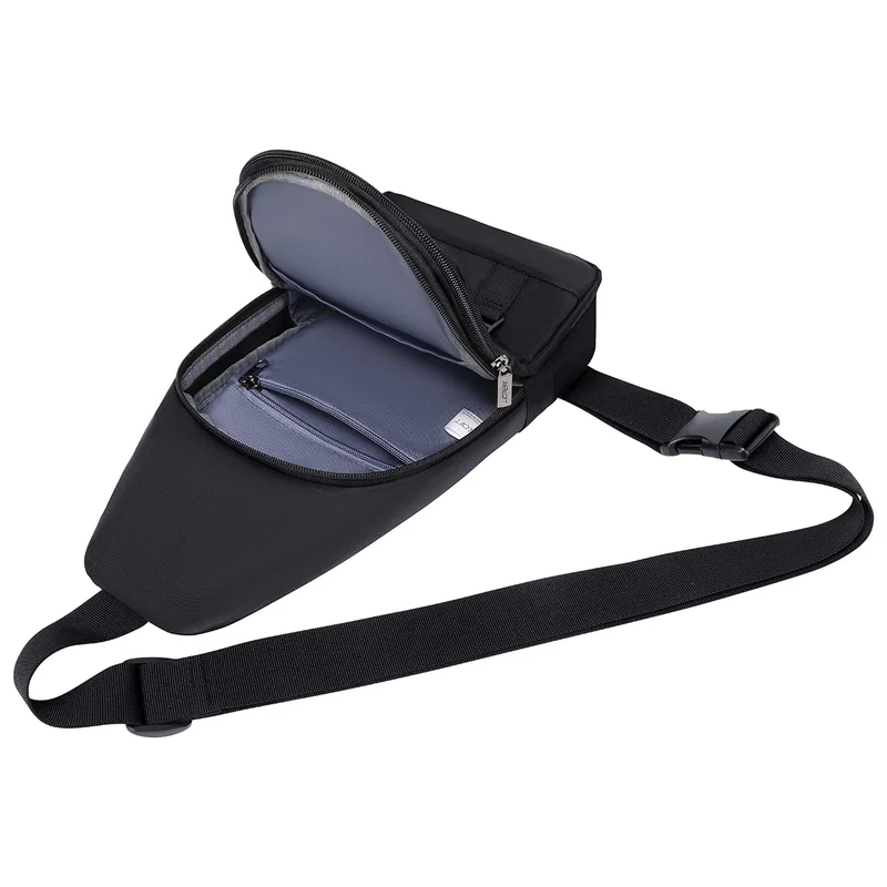 Promotional Aero LOFT ECO Anywhere Crossbody Mini Backpack worn crossbody, lifestyle shot