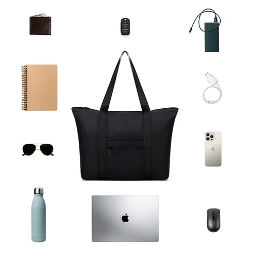 Custom foldable tote opened wide with groceries