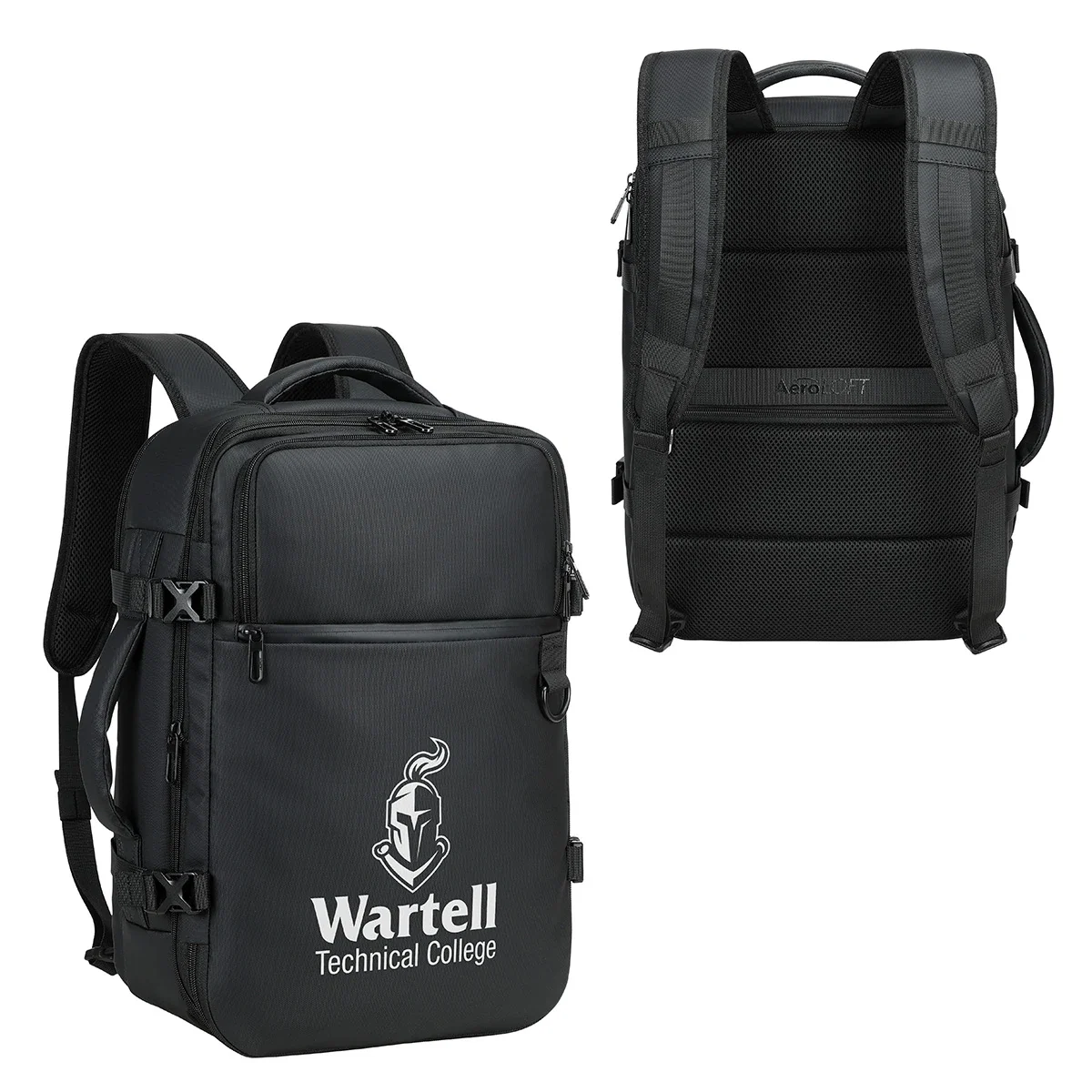 Custom Aero LOFT HYBRID Travel Backpack, front view of the branded travel backpack