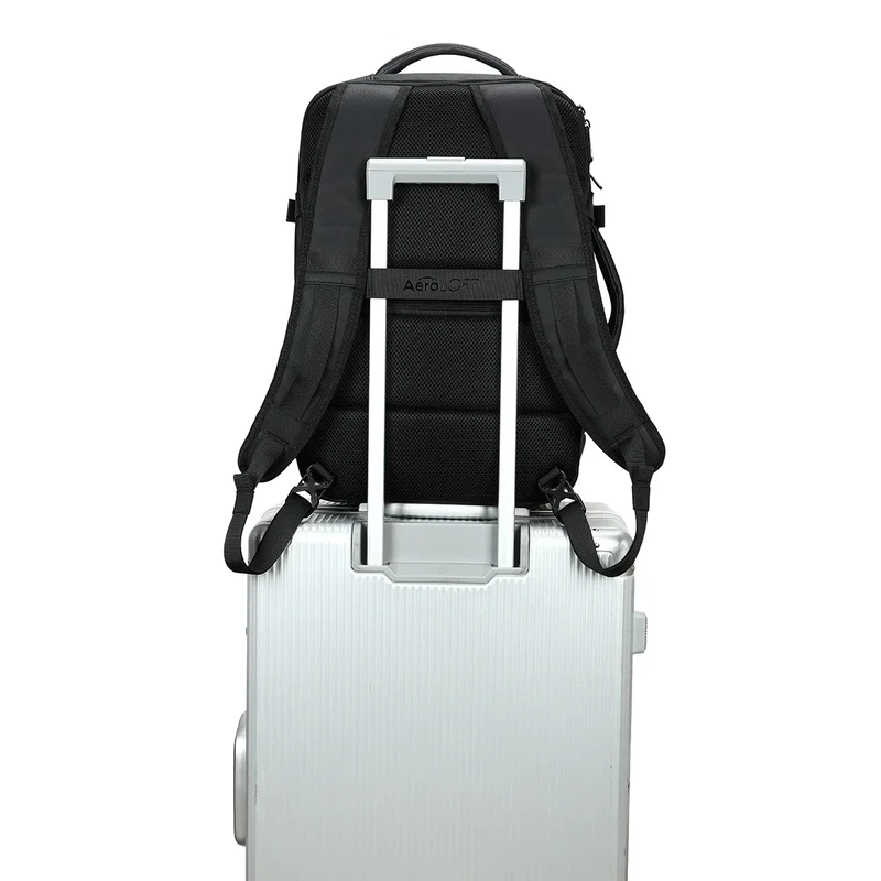 Aero LOFT HYBRID Travel Backpack set down on a table, promotional backpack detail shot