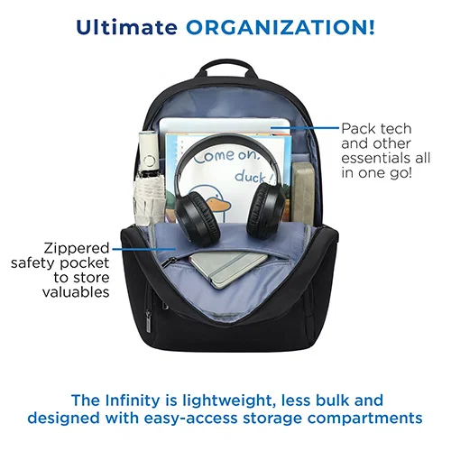 Branded commuter laptop pack, side profile