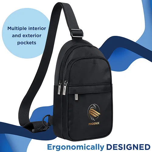 Branded crossbody sling pack, side profile