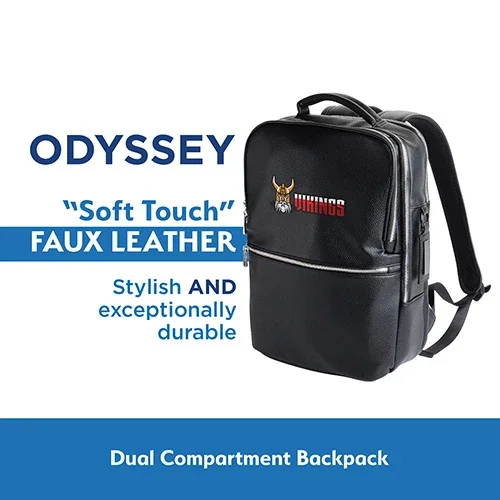 Branded dual-compartment laptop pack, side profile