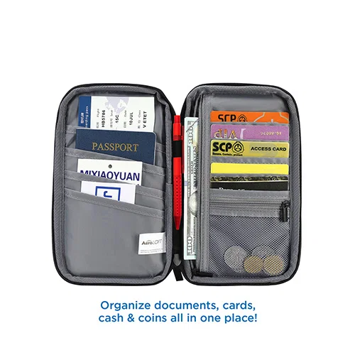 Branded passport wallet open showing card and document slots