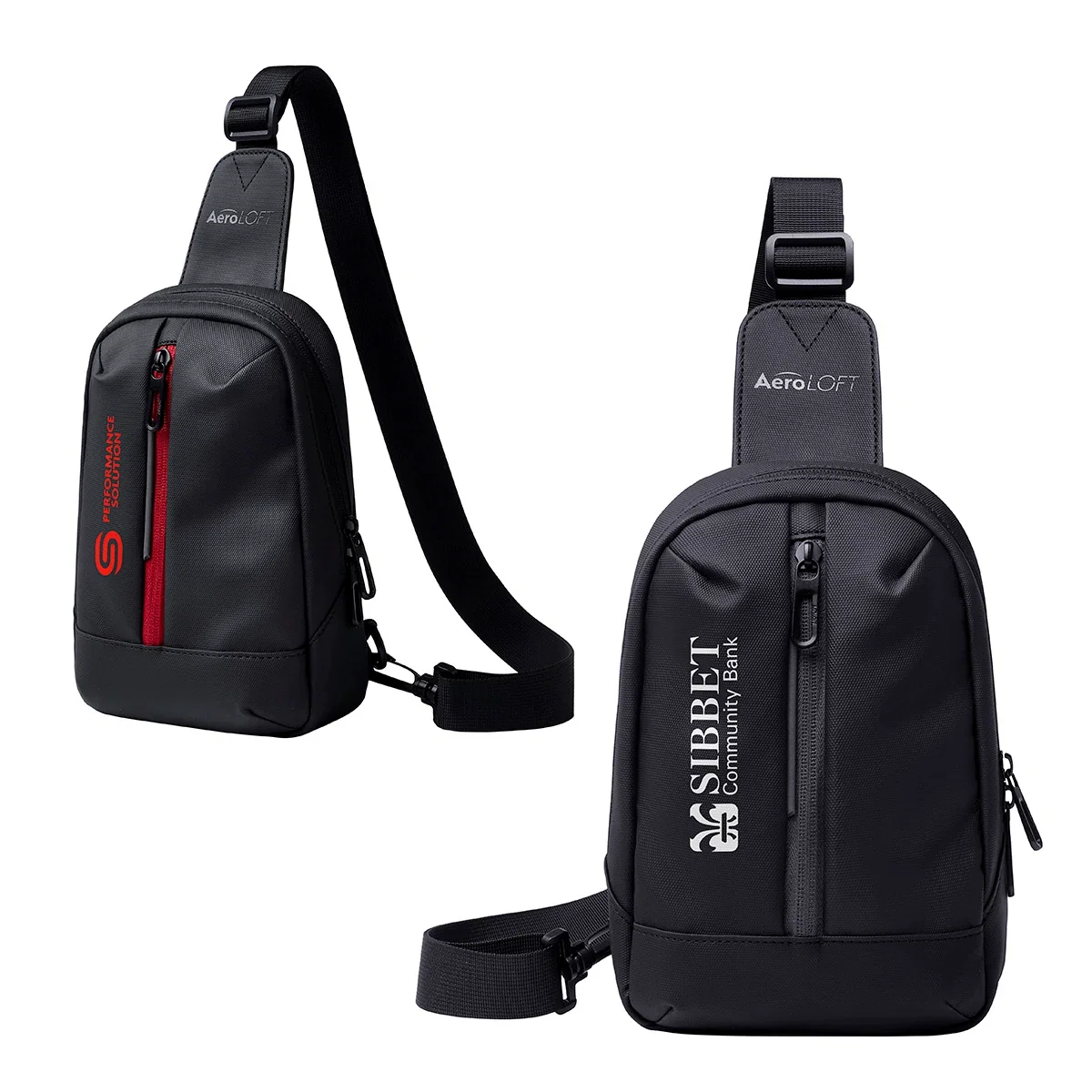 Aero LOFT Shuttle crossbody bag with zippered safety pocket, phone sleeve, and breathable mesh back panel
