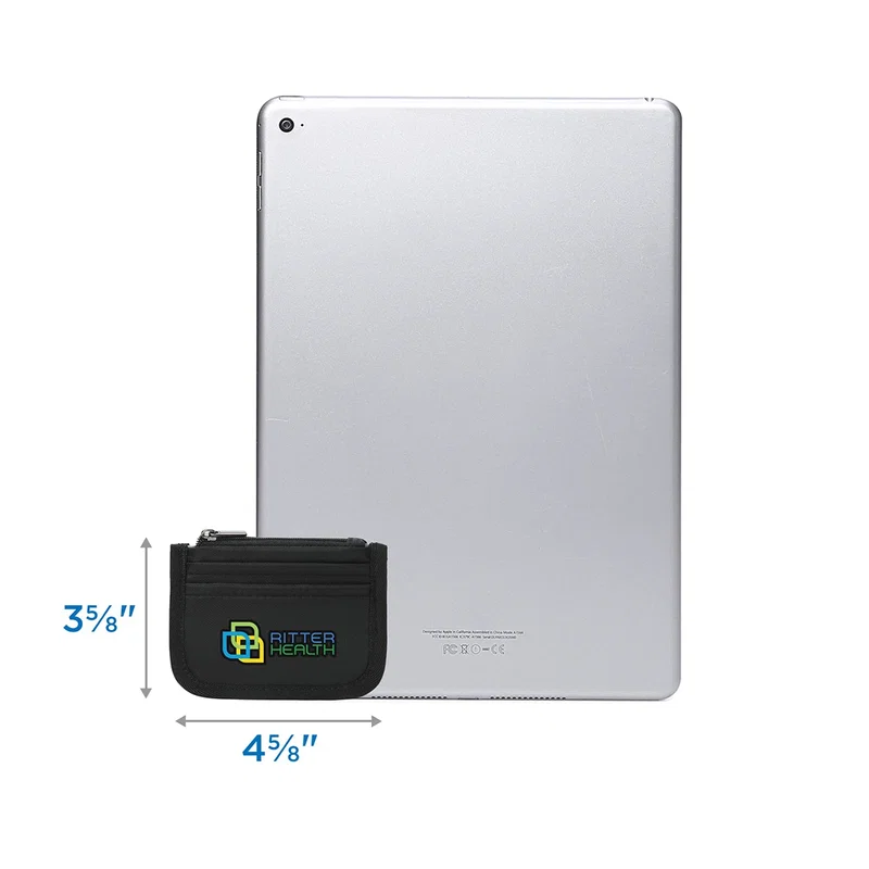 Promotional slim zippered card wallet, angled view