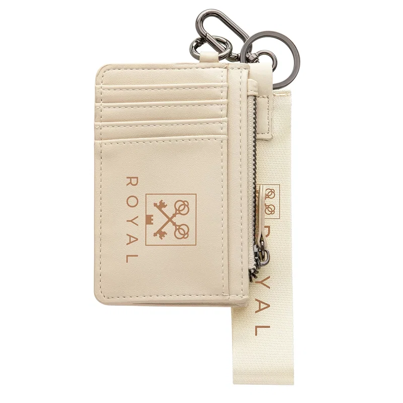 Aero LOFT Slim Card Wallet's O-ring carabiner clipped to a bag strap, attachment detail shot