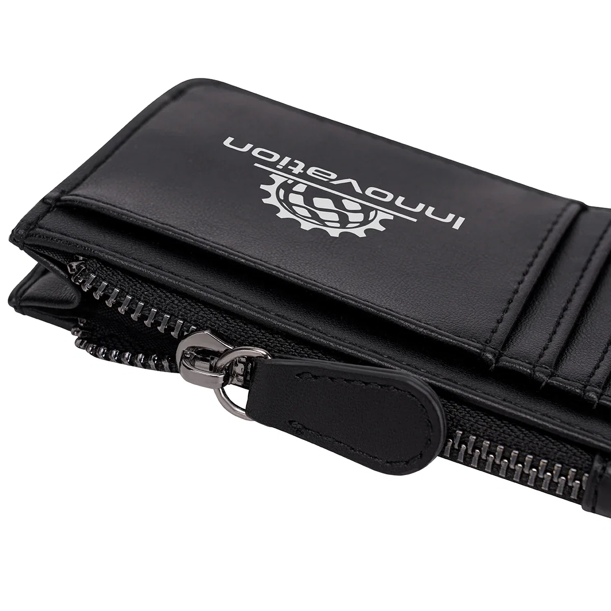 Close-up of the custom Aero LOFT Slim Card Wallet's logo imprint area