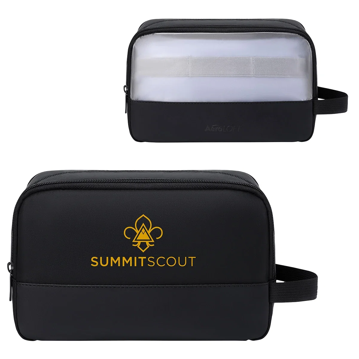 Custom Aero LOFT Wide-Mouth Wet/Dry Toiletry Kit, front view of the branded toiletry kit