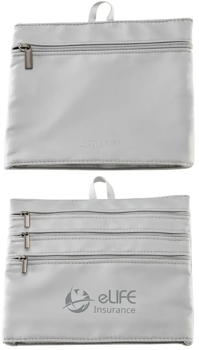 AeroLoft promotional travel organizer open, showing four zippered pockets for essentials