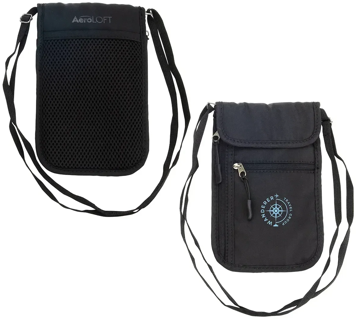 AeroLoft 5-pocket safety neck wallet with custom logo, front view of branded travel organizer